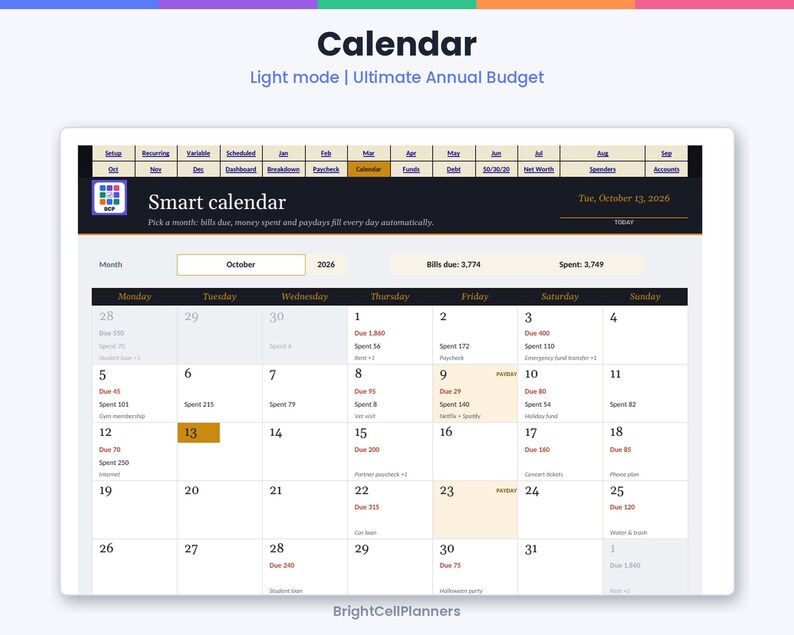 May include: A digital budget calendar interface titled Smart calendar for October 2026. The layout features a navigation bar with tabs like Setup, Recurring, and Dashboard. It displays a monthly grid with daily financial entries for bills and spending.