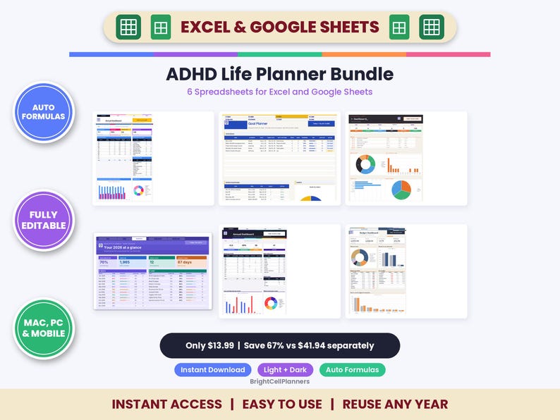 May include: An ADHD Life Planner bundle featuring six digital spreadsheets for Excel and Google Sheets. The layout includes various data tables, colorful pie charts, and bar graphs. Text labels include Auto Formulas, Fully Editable, Mac, PC & Mobile, and Instant Access.
