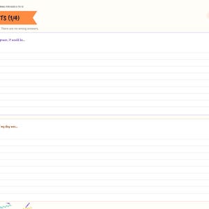 May include: A digital kids' journal page titled Daily Prompts (1/4) with two numbered writing sections. The first prompt asks, If I had a superpower, it would be... and the second asks, The best part of my day was... with lined spaces for writing.