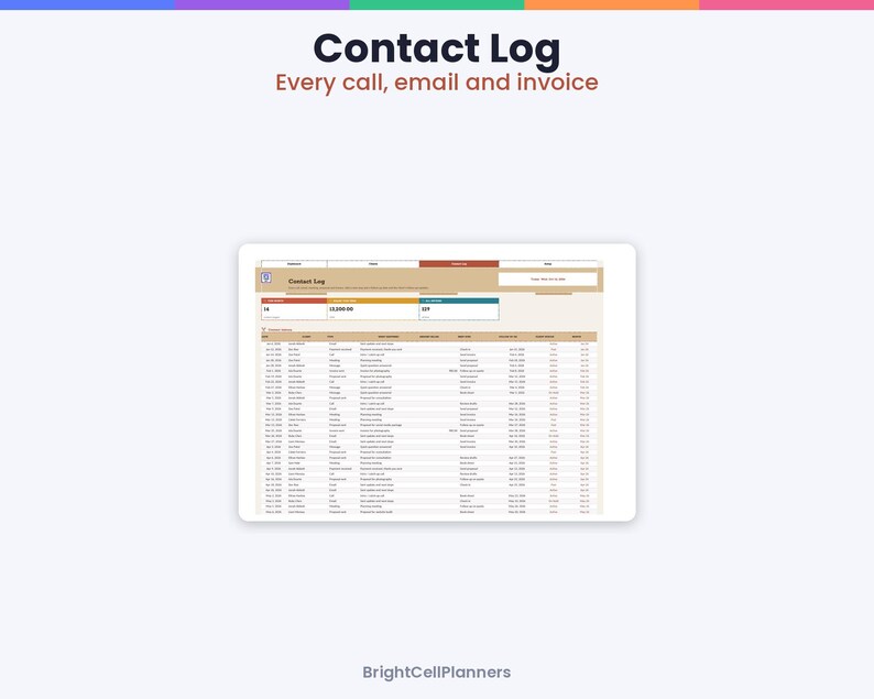 May include: A digital contact log spreadsheet displayed on a screen, featuring columns for date, name, type, details, and status. The header reads Contact Log, Every call, email and invoice, with BrightCellPlanners at the bottom.