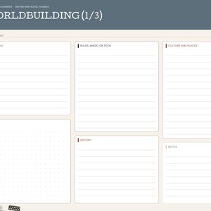 May include: A digital worldbuilding planner page with a dark blue header labeled "WORLDBUILDING (1/3)". The layout includes sections for setting, rules, magic or tech, culture and places, map, history, and notes, with a sidebar navigation menu.