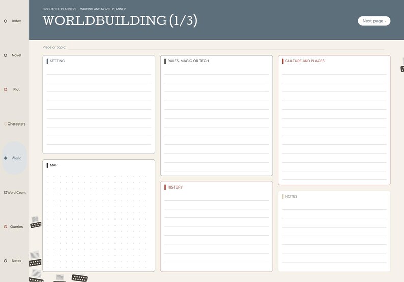 May include: A digital worldbuilding planner page with a dark blue header labeled "WORLDBUILDING (1/3)". The layout includes sections for setting, rules, magic or tech, culture and places, map, history, and notes, with a sidebar navigation menu.