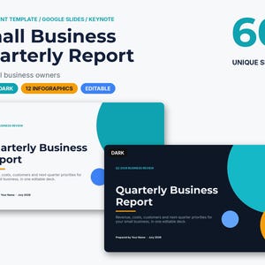 May include: A digital presentation template titled Small Business Quarterly Report featuring 60 unique slides. The design includes light and dark versions with teal, blue, and orange circular accents, editable text fields, and 12 infographics for business reviews.