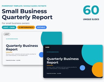 Może przedstawiać: Cyfrowy szablon prezentacji zatytułowany Small Business Quarterly Report zawierający 60 unikalnych slajdów. Projekt obejmuje jasne i ciemne wersje z turkusowymi, niebieskimi i pomarańczowymi okrągłymi akcentami, edytowalnymi polami tekstowymi oraz 12 infografikami.
