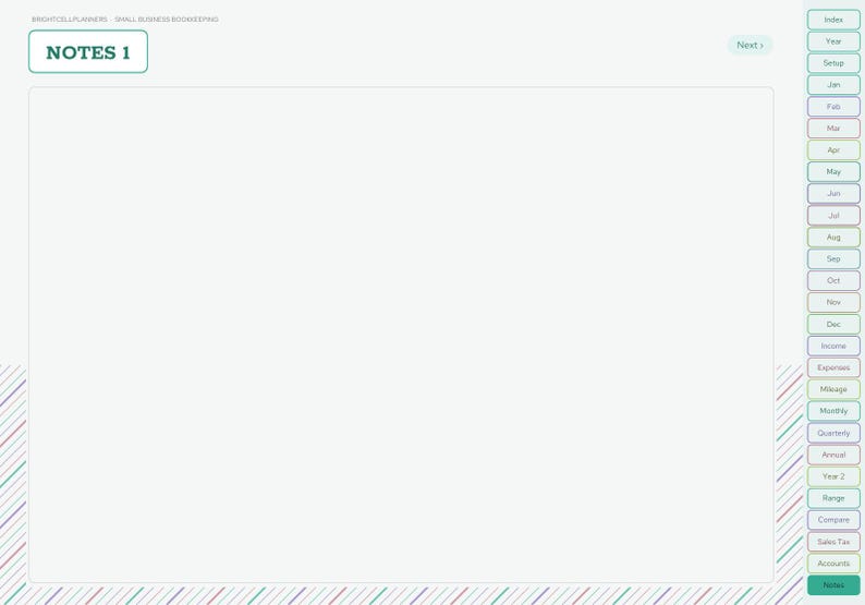 May include: A digital planner page titled NOTES 1 with a large blank central area. The right side features a vertical navigation menu with tabs labeled Index, Year, Setup, Jan through Dec, Income, Expenses, Mileage, Monthly, Quarterly, Annual, Year 2, Range, Compare, Sales Tax, and Accounts.