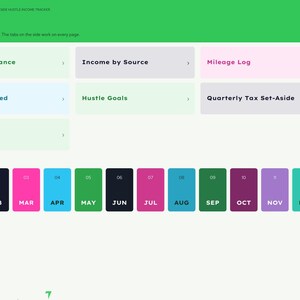 Puede incluir: Una p&aacute;gina de &iacute;ndice digital de seguimiento de ingresos 2027 con encabezado verde. Incluye mosaicos de navegaci&oacute;n para 2027 de un vistazo, ingresos por fuente, registro de kilometraje, horas trabajadas, objetivos y notas.