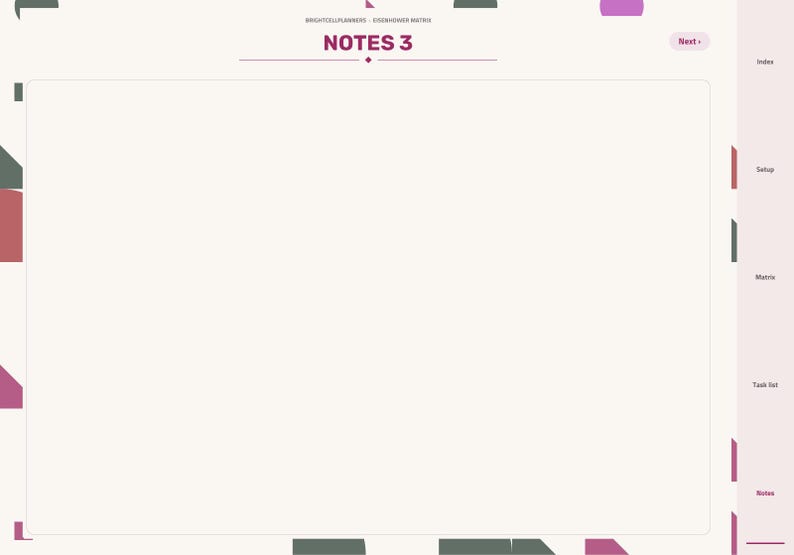 Peut inclure: Une page de planificateur num&eacute;rique intitul&eacute;e NOTES 3 avec une grande zone centrale vide pour &eacute;crire. L'interface pr&eacute;sente un fond cr&egrave;me clair, du texte violet fonc&eacute; et une barre lat&eacute;rale avec des onglets de navigation Index, Setup, Matrix, Task list et Notes.