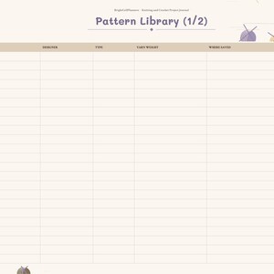 Puede incluir: Una p&aacute;gina de planificador digital titulada Pattern Library (1/2) para un diario de proyectos de tejido y ganchillo. El dise&ntilde;o presenta una tabla con columnas para patr&oacute;n, dise&ntilde;ador, tipo, peso del hilo, d&oacute;nde se guard&oacute; y hecho, con casillas de verificaci&oacute;n.