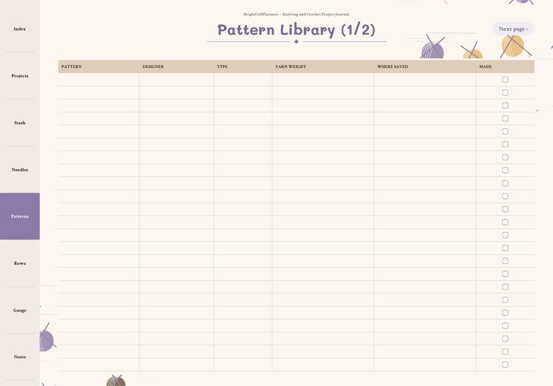 Puede incluir: Una p&aacute;gina de planificador digital titulada Pattern Library (1/2) para un diario de proyectos de tejido y ganchillo. El dise&ntilde;o presenta una tabla con columnas para patr&oacute;n, dise&ntilde;ador, tipo, peso del hilo, d&oacute;nde se guard&oacute; y hecho, con casillas de verificaci&oacute;n.