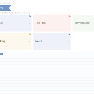 K&ouml;nnte beinhalten: Eine digitale Reiseplaner-Indexseite mit einem blauen Banner mit der Aufschrift Index. Sie enth&auml;lt f&uuml;nf rechteckige Kacheln mit den Bezeichnungen Setup, Trip Plan, Travel Budget, Packing und Notes, jeweils mit einem farbigen Eckreiter. Unten befindet sich ein linierter Bereich.