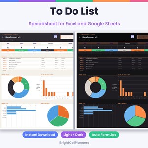 May include: A digital to-do list spreadsheet for Excel and Google Sheets featuring light and dark mode dashboard views. The interface displays task summaries, status charts, pie graphs, and bar charts for tracking daily tasks and project priorities.