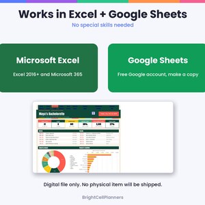 May include: A digital spreadsheet template for Microsoft Excel and Google Sheets titled Maya's Bachelorette. The interface displays data tables, a colorful donut chart, and a horizontal bar graph for event planning and budget tracking.