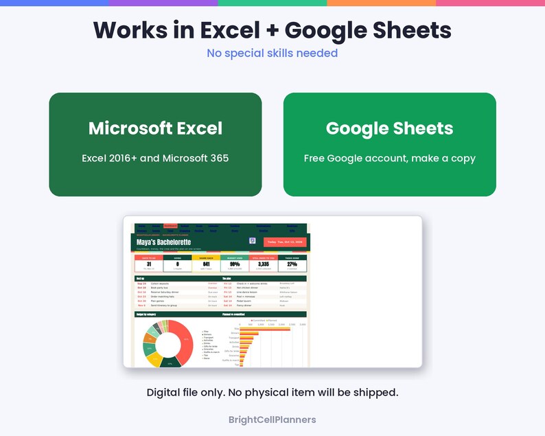 May include: A digital spreadsheet template for Microsoft Excel and Google Sheets titled Maya's Bachelorette. The interface displays data tables, a colorful donut chart, and a horizontal bar graph for event planning and budget tracking.