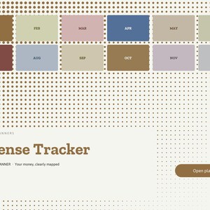 May include: A digital expense tracker planner for 2027 featuring a brown dotted background. The interface displays twelve rectangular month buttons in various muted colors and text reading Expense Tracker, 2027, and Open planner.