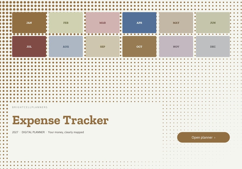 May include: A digital expense tracker planner for 2027 featuring a brown dotted background. The interface displays twelve rectangular month buttons in various muted colors and text reading Expense Tracker, 2027, and Open planner.