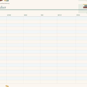 May include: A digital series tracker page with a cream background and a grid layout. The header reads Series Tracker. Columns include Series, Author, Books, Read, Next Up, and Status. A sidebar on the right lists navigation tabs for reading.