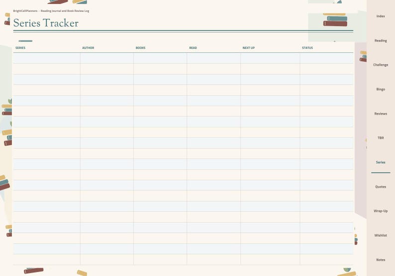 May include: A digital series tracker page with a cream background and a grid layout. The header reads Series Tracker. Columns include Series, Author, Books, Read, Next Up, and Status. A sidebar on the right lists navigation tabs for reading.