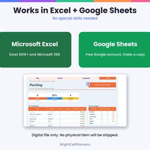 May include: A digital packing list planner template compatible with Microsoft Excel 2016+, Microsoft 365, and Google Sheets. The interface displays a packing dashboard with progress bars, category lists, and item status tracking.