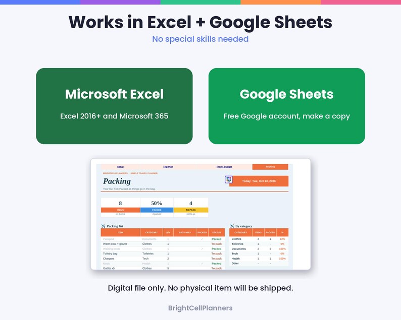 May include: A digital packing list planner template compatible with Microsoft Excel 2016+, Microsoft 365, and Google Sheets. The interface displays a packing dashboard with progress bars, category lists, and item status tracking.