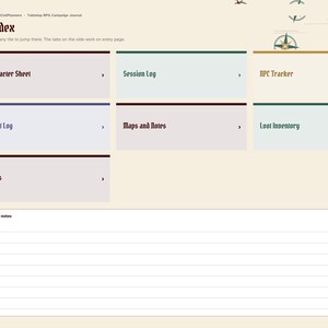 May include: A digital tabletop RPG campaign journal index page featuring a sidebar with navigation tabs and a main area with labeled boxes for Character Sheet, Session Log, NPC Tracker, Quest Log, Maps and Notes, Loot Inventory, and Notes.