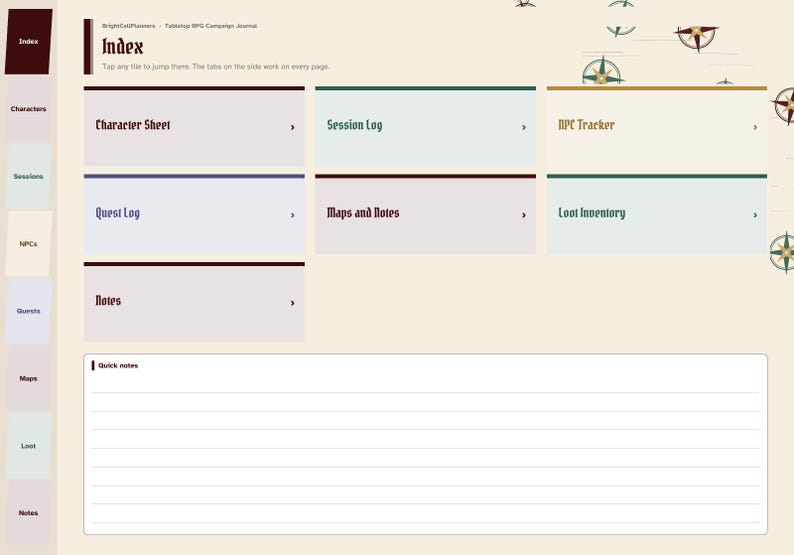 May include: A digital tabletop RPG campaign journal index page featuring a sidebar with navigation tabs and a main area with labeled boxes for Character Sheet, Session Log, NPC Tracker, Quest Log, Maps and Notes, Loot Inventory, and Notes.