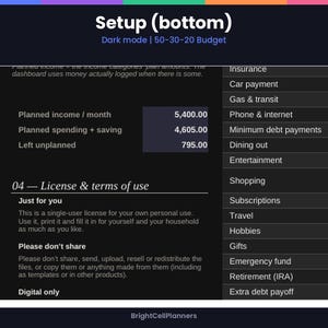 Puede incluir: Un panel de presupuesto digital en modo oscuro titulado Setup (bottom) 50-30-20 Budget. Muestra datos financieros que incluyen ingresos, gastos y ahorros planificados, junto con una lista de categor&iacute;as de gastos como seguros, coche y jubilaci&oacute;n.