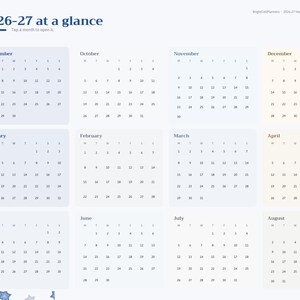 May include: A 2026-27 digital calendar planner page titled 2026-27 at a glance. It features a vertical navigation sidebar with tabs for months and categories, and a grid layout displaying monthly calendars from September to August.