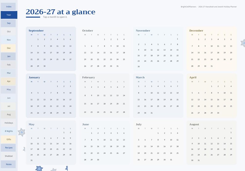 May include: A 2026-27 digital calendar planner page titled 2026-27 at a glance. It features a vertical navigation sidebar with tabs for months and categories, and a grid layout displaying monthly calendars from September to August.