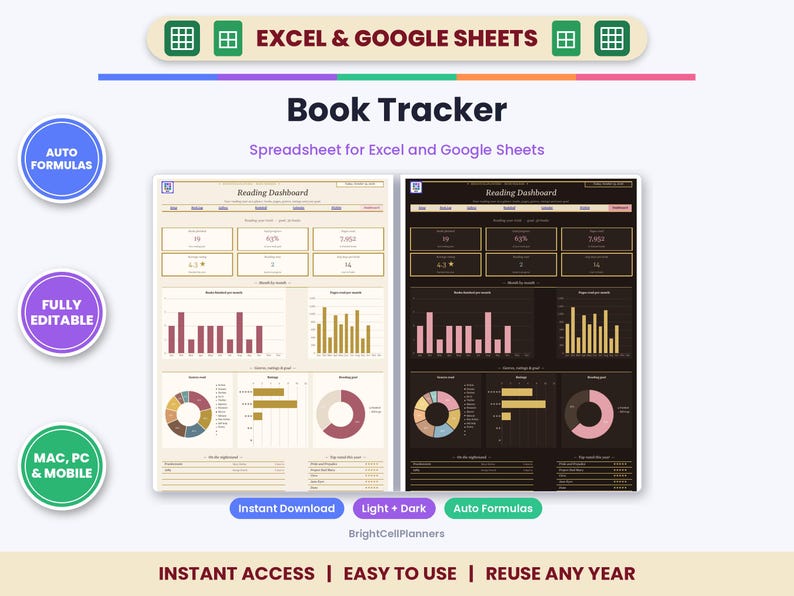 Book Tracker Spreadsheet for Excel & Google Sheets - Reading Log and Bookshelf image 1