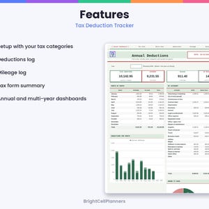 May include: A digital tax deduction tracker dashboard featuring an annual summary, monthly expense and mileage logs, and category breakdowns. The interface includes text labels like Features, Annual Deductions, and BrightCellPlanners.