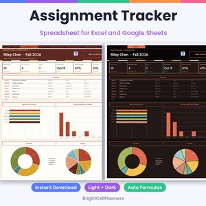 May include: An assignment tracker spreadsheet for Excel and Google Sheets featuring light and dark mode versions. The dashboard displays student name Riley Chen, Fall 2026, course metrics, due dates, bar charts, and pie charts for status tracking.