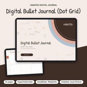 May include: An undated digital bullet journal with a dot grid layout displayed on two tablet screens. The interface features a light background with star and arrow graphics, a dark brown circular accent, and text reading Digital Bullet Journal.