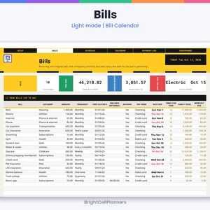 K&ouml;nnte beinhalten: Eine digitale Rechnungs-Tracking-Tabelle mit dem Titel Bills, gelber Kopfzeile, Navigationsreitern und einer Liste von Ausgaben wie Miete, Nebenkosten und Krediten. Die Benutzeroberfl&auml;che zeigt Finanzdaten, F&auml;lligkeitsdaten und Zahlungsintervalle in einem Raster.