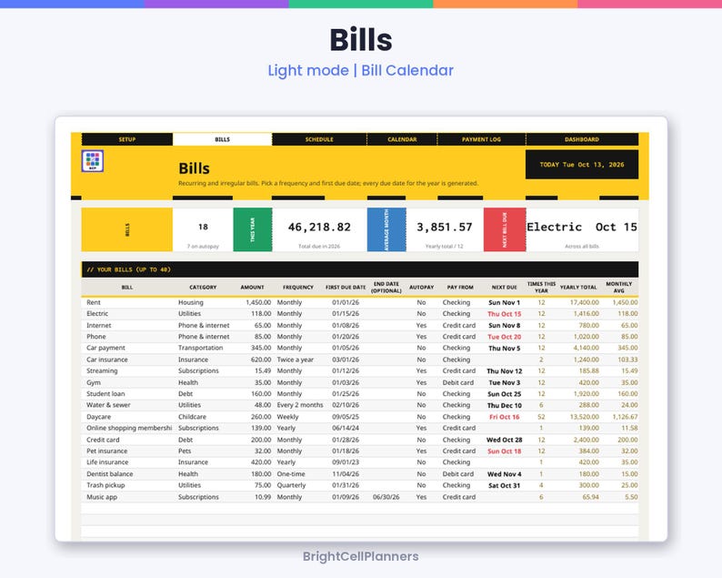 K&ouml;nnte beinhalten: Eine digitale Rechnungs-Tracking-Tabelle mit dem Titel Bills, gelber Kopfzeile, Navigationsreitern und einer Liste von Ausgaben wie Miete, Nebenkosten und Krediten. Die Benutzeroberfl&auml;che zeigt Finanzdaten, F&auml;lligkeitsdaten und Zahlungsintervalle in einem Raster.