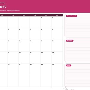 Puede incluir: Una p&aacute;gina de planificador digital para enero de 2027 titulada BrightCellPlanners - Salon Bookkeeping. El dise&ntilde;o presenta una cuadr&iacute;cula de calendario mensual, secciones para Focus this month, Key dates y Notes, adem&aacute;s de una barra de pesta&ntilde;as lateral.