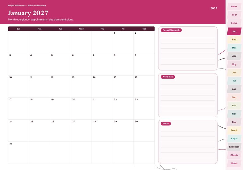 Puede incluir: Una p&aacute;gina de planificador digital para enero de 2027 titulada BrightCellPlanners - Salon Bookkeeping. El dise&ntilde;o presenta una cuadr&iacute;cula de calendario mensual, secciones para Focus this month, Key dates y Notes, adem&aacute;s de una barra de pesta&ntilde;as lateral.