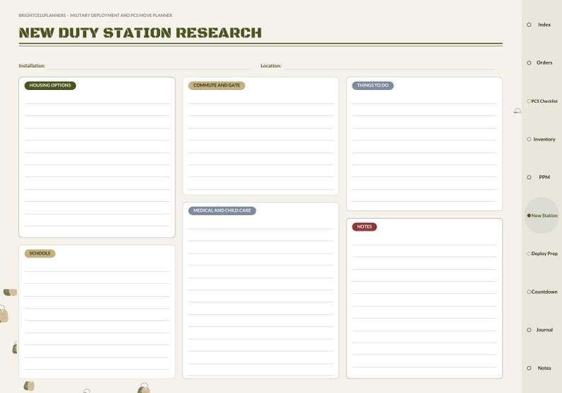 May include: A digital planner page titled New Duty Station Research with sections for Housing Options, Commute and Gate, Things to Do, Schools, Medical and Child Care, and Notes. The layout includes lined boxes and a side navigation menu.