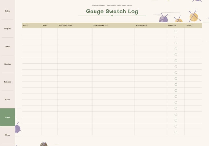 Puede incluir: Una p&aacute;gina digital de registro de muestras de tejido con fondo crema y detalles verdes. El encabezado dice Gauge Swatch Log, con columnas para fecha, hilo, aguja o ganchillo, puntos, filas, bloqueado y proyecto con casillas.
