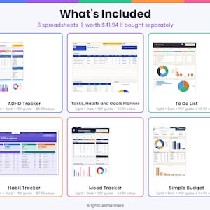 May include: A digital product bundle featuring six spreadsheets titled ADHD Tracker, Tasks, Habits and Goals Planner, To Do List, Habit Tracker, Mood Tracker, and Simple Budget, displayed with visual previews and text labels by BrightCellPlanners.