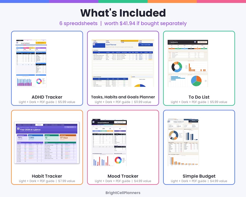 May include: A digital product bundle featuring six spreadsheets titled ADHD Tracker, Tasks, Habits and Goals Planner, To Do List, Habit Tracker, Mood Tracker, and Simple Budget, displayed with visual previews and text labels by BrightCellPlanners.