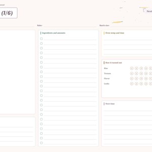 May include: A digital bake log planner page with a light pink background. The layout includes sections for date, bake, batch size, photo, ingredients, oven temp, time, and a rating system for rise, texture, flavor, and looks, plus a next time section.