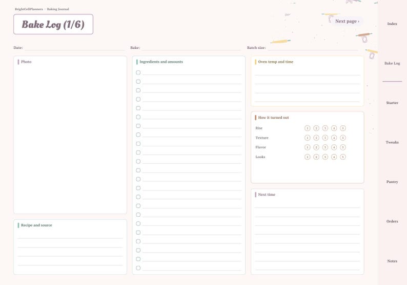 May include: A digital bake log planner page with a light pink background. The layout includes sections for date, bake, batch size, photo, ingredients, oven temp, time, and a rating system for rise, texture, flavor, and looks, plus a next time section.
