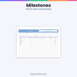 May include: A digital planner page titled Milestones Firsts and memories, featuring a light blue header with a table layout for tracking dates and details. The interface includes columns for milestones, dates, and notes, with the brand name BrightCellPlanners at the bottom.