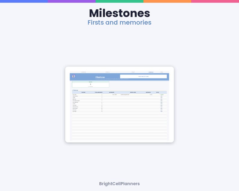 May include: A digital planner page titled Milestones Firsts and memories, featuring a light blue header with a table layout for tracking dates and details. The interface includes columns for milestones, dates, and notes, with the brand name BrightCellPlanners at the bottom.
