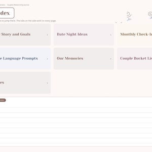 May include: A digital couple relationship journal index page featuring a light background with navigation tiles labeled Our Story and Goals, Date Night Ideas, Monthly Check-In, Love Language Prompts, Our Memories, Couple Bucket List, and Notes.