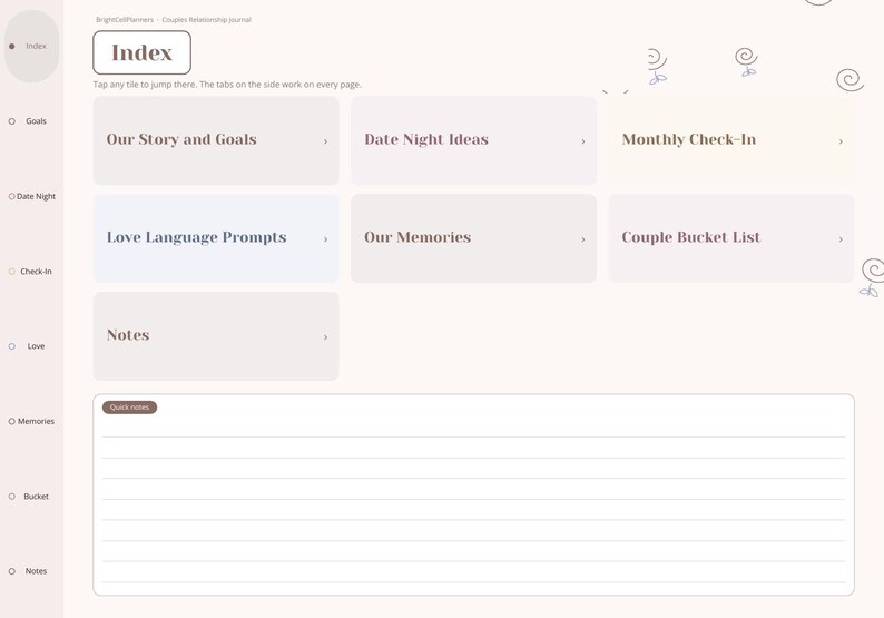 May include: A digital couple relationship journal index page featuring a light background with navigation tiles labeled Our Story and Goals, Date Night Ideas, Monthly Check-In, Love Language Prompts, Our Memories, Couple Bucket List, and Notes.