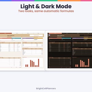 May include: A digital client dashboard template featuring Light & Dark Mode options with two looks and same automatic formulas. The interface displays tables, data fields, and bar charts in both a light beige and a dark brown color scheme.