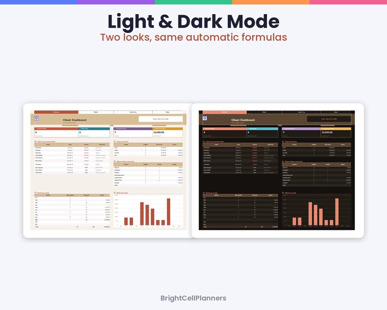 May include: A digital client dashboard template featuring Light & Dark Mode options with two looks and same automatic formulas. The interface displays tables, data fields, and bar charts in both a light beige and a dark brown color scheme.