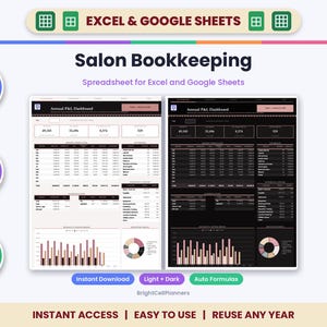 K&ouml;nnte beinhalten: Eine digitale Buchhaltungstabelle f&uuml;r Salons f&uuml;r Excel und Google Sheets mit einem j&auml;hrlichen Gewinn- und Verlust-Dashboard im hellen und dunklen Modus. Das Layout enth&auml;lt automatische Formeln, Datentabellen sowie Balken- und Kreisdiagramme.