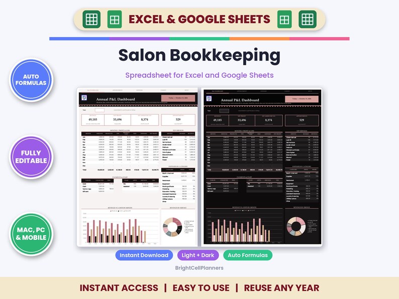 K&ouml;nnte beinhalten: Eine digitale Buchhaltungstabelle f&uuml;r Salons f&uuml;r Excel und Google Sheets mit einem j&auml;hrlichen Gewinn- und Verlust-Dashboard im hellen und dunklen Modus. Das Layout enth&auml;lt automatische Formeln, Datentabellen sowie Balken- und Kreisdiagramme.